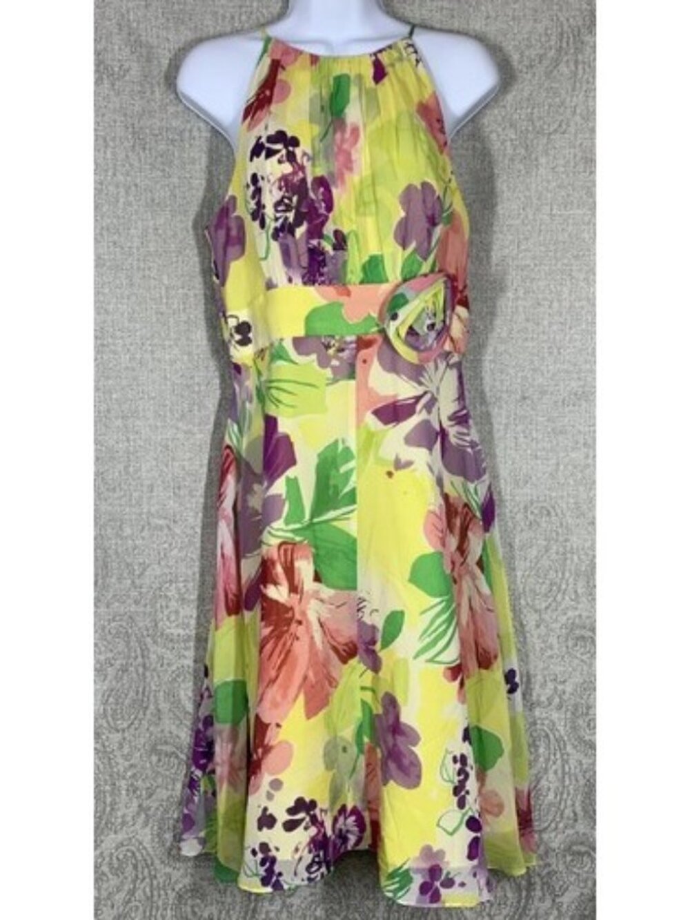 Madison 100% Silk Floral Dress Women's Size 10 Yellow Pink Sundress